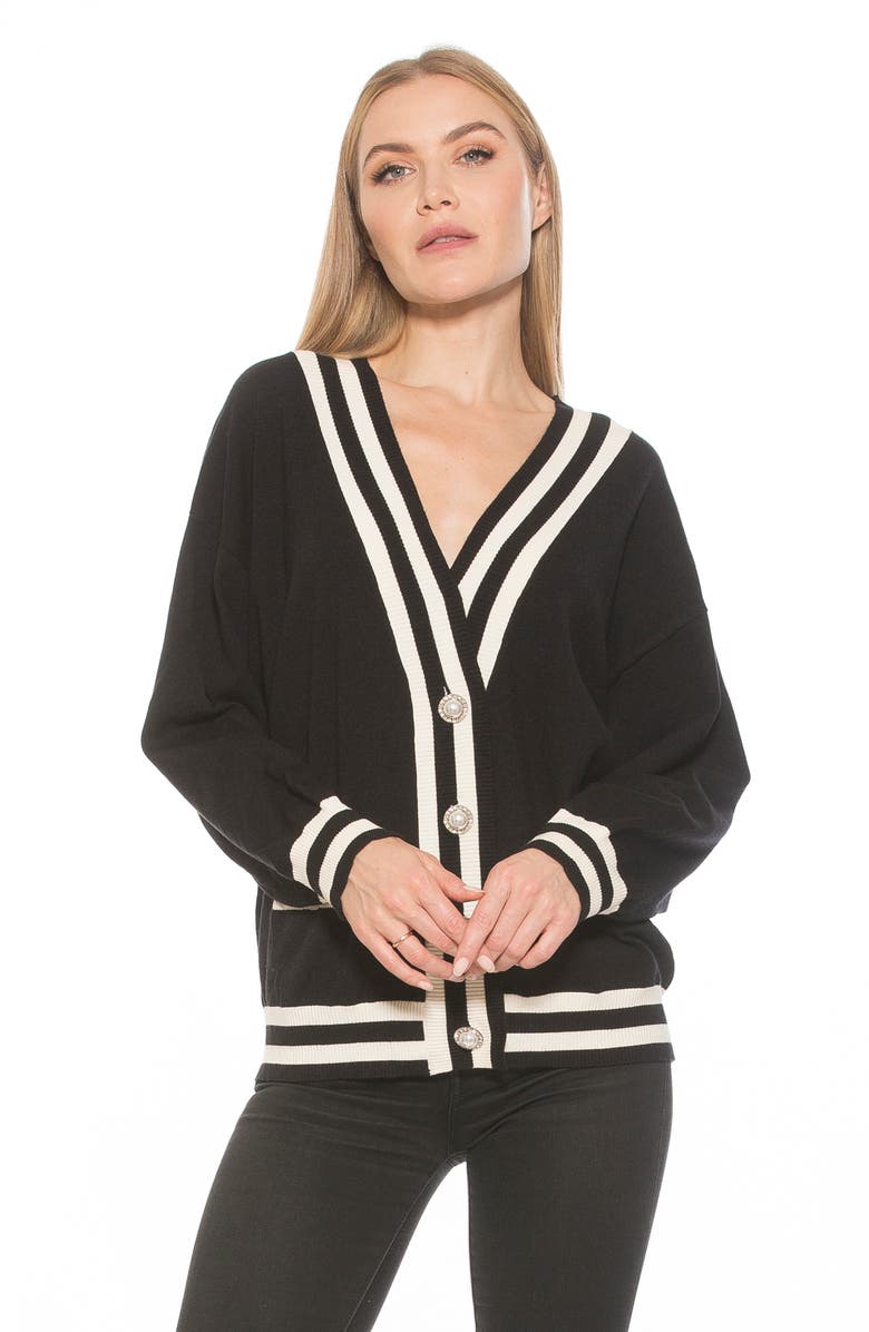 Alexia Admor Frances Stripe Trim Cardigan, Alternate, color, Black