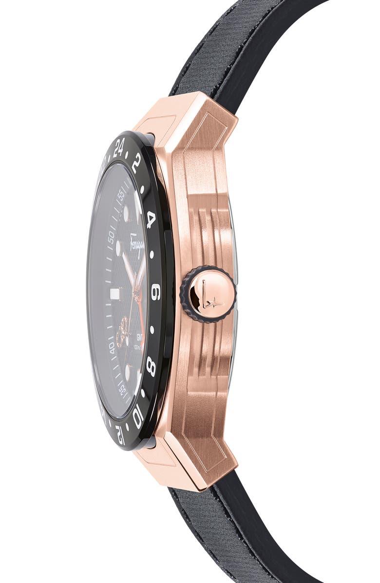 FERRAGAMO SLX GMT Leather Strap Watch, 43mm, Alternate, color, Rose Gold