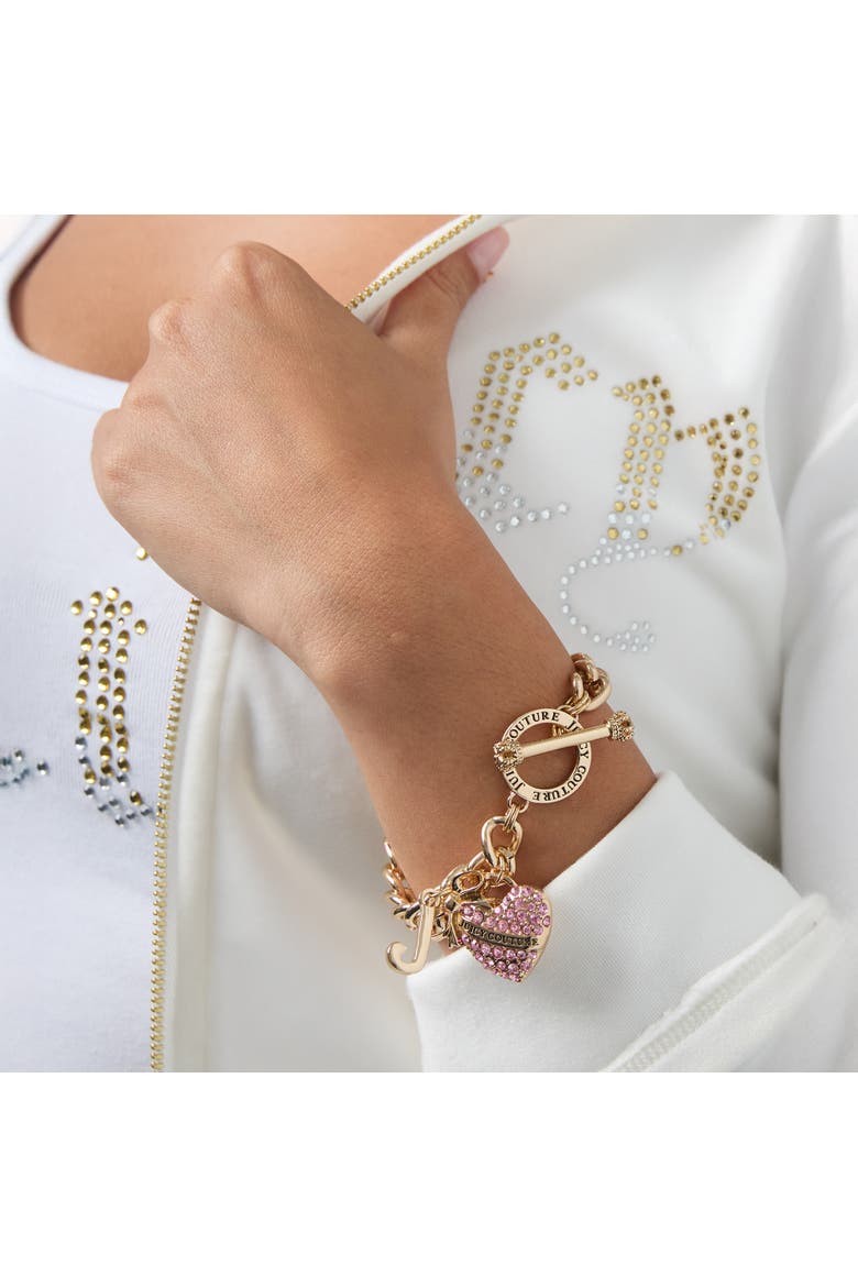 Pink Pavé Heart Toggle Bracelet, Gold-Tone Curb Chain, Alternate, color, Gold Tone