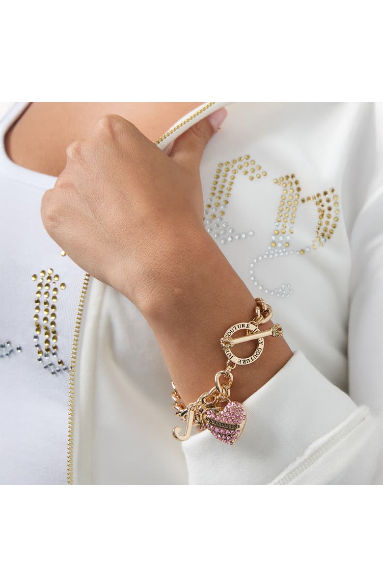 Juicy Couture Pink Pavé Heart Toggle Bracelet, Gold-Tone Curb Chain, Alternate, color, Gold Tone