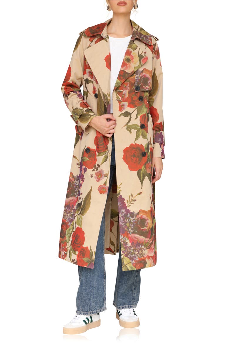 Rose Print Belted Double Breasted Cotton Blend Trench Coat, Alternate, color, TAN PORTOFINO ROSE