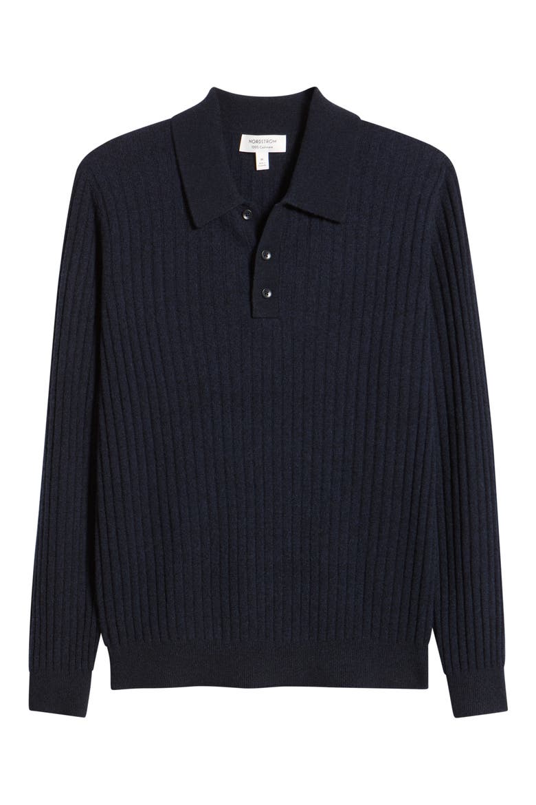 Rib Cashmere Polo Sweater, Alternate, color, NAVY NIGHT MARL