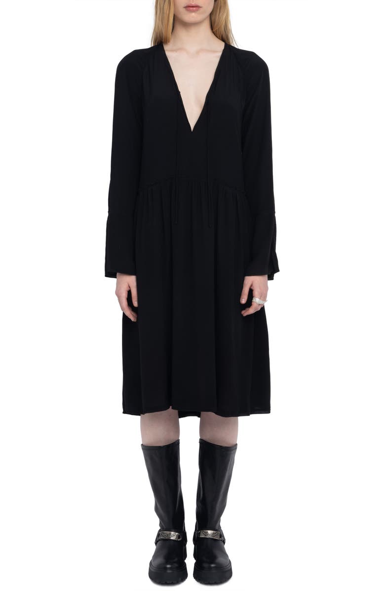 Zadig & Voltaire Rinas Plunge Neck Long Sleeve Dress, Main, color, Black