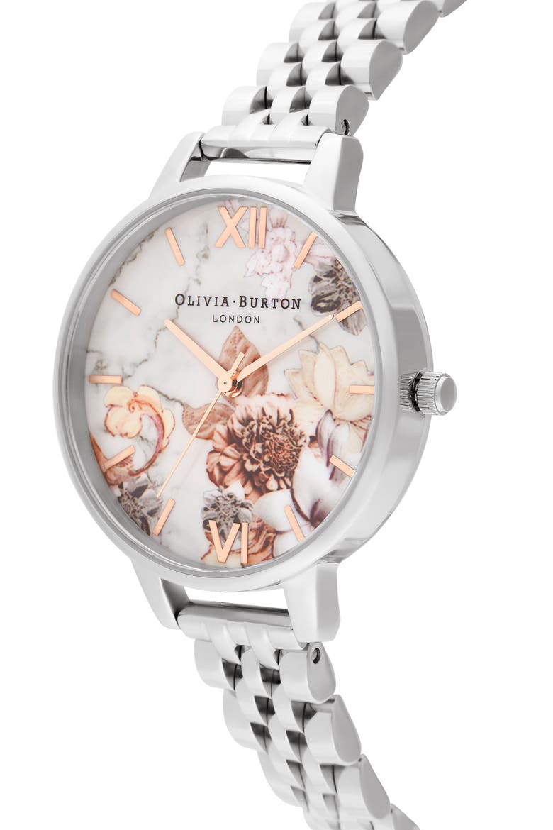 Marble Florals Bracelet Watch, 34mm, Alternate, color, SILVER/ WHITE FLORAL/ SILVER