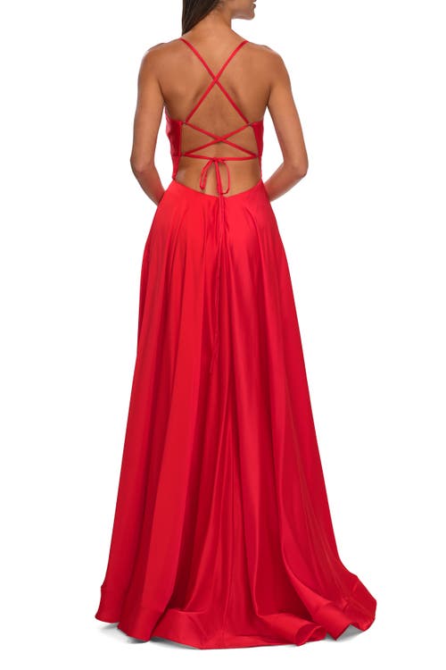 La Femme Satin A-line Gown With Cut Out And Twist Bodice In Hot Coral