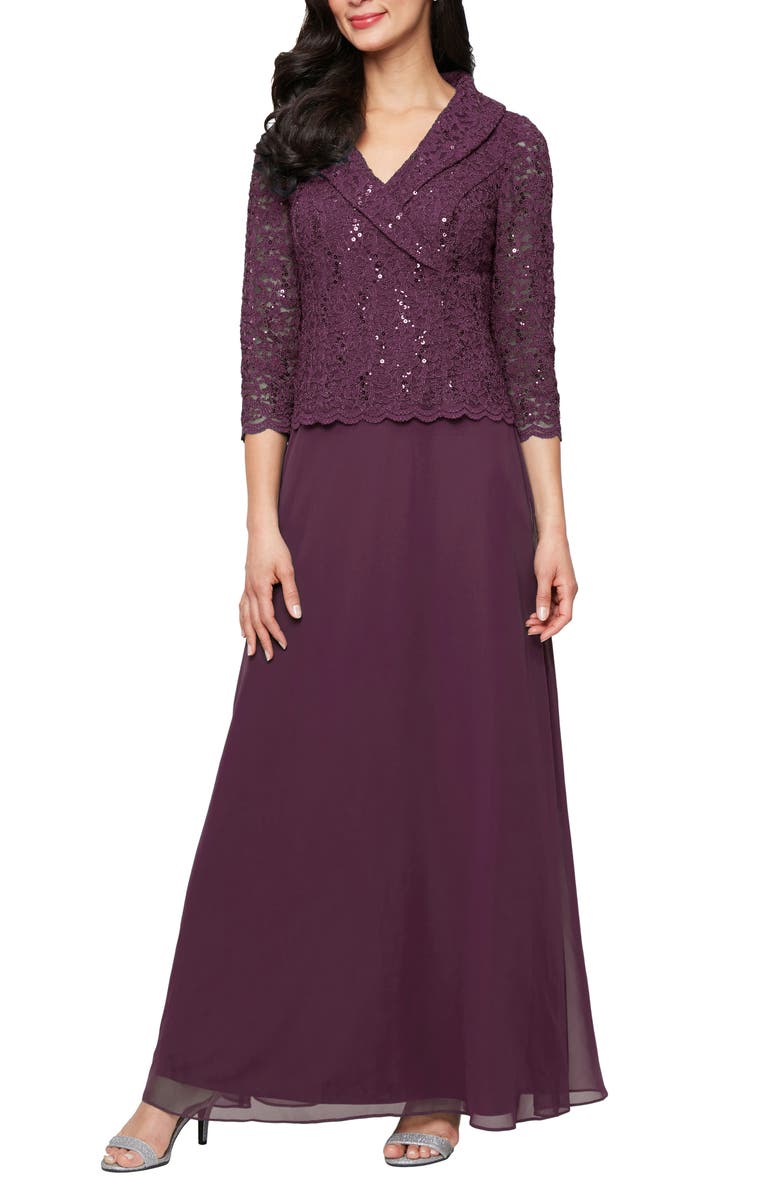 Sequin Lace & Chiffon Cocktail Dress