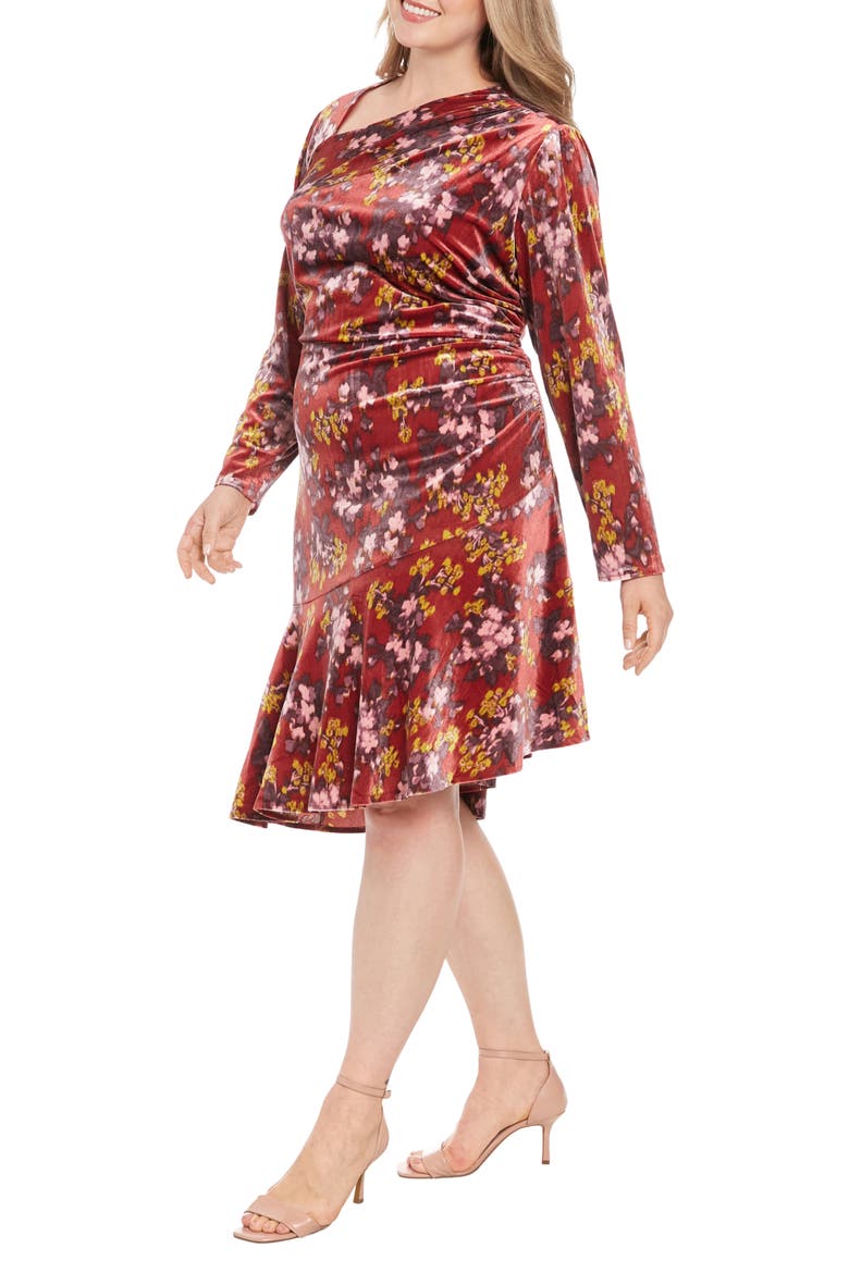 Floral Asymmetric Long Sleeve Velour Midi Dress, Alternate, color, RED MULTI
