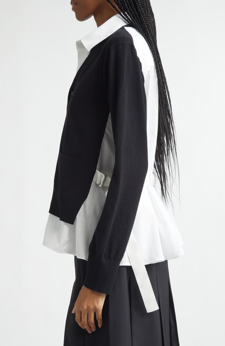 Sacai Mixed Media Poplin & Knit Cardigan, Alternate, color, Black/ Off White