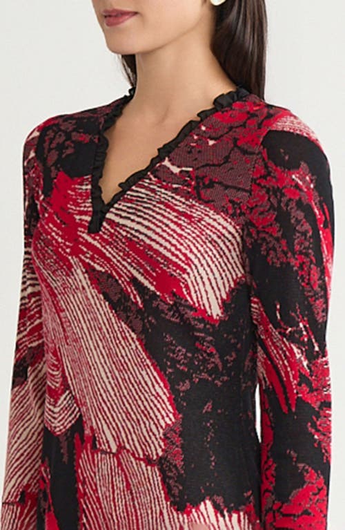 Ming Wang Floral Jaquard Ruffle Trim Long Sleeve Dress In Red