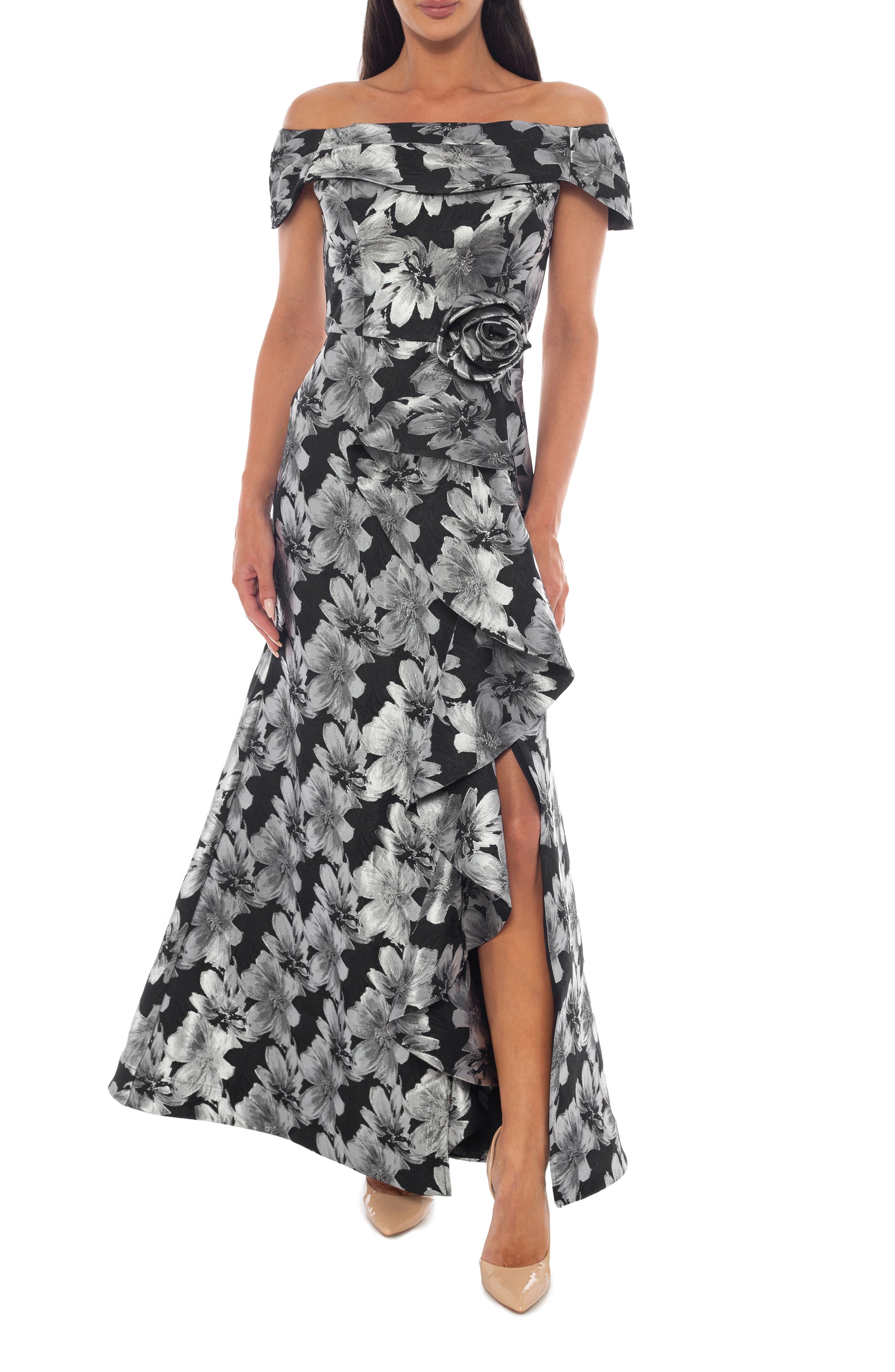 Off-the-Shoulder Metallic Brocade Gown
