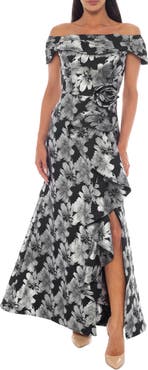 Oleg Cassini Off-the-Shoulder Metallic Brocade Gown
