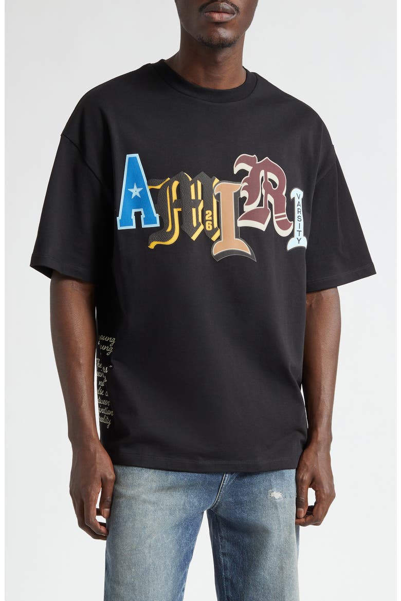 Varsity Patch Oversize Cotton T-Shirt, Main, color, BLACK
