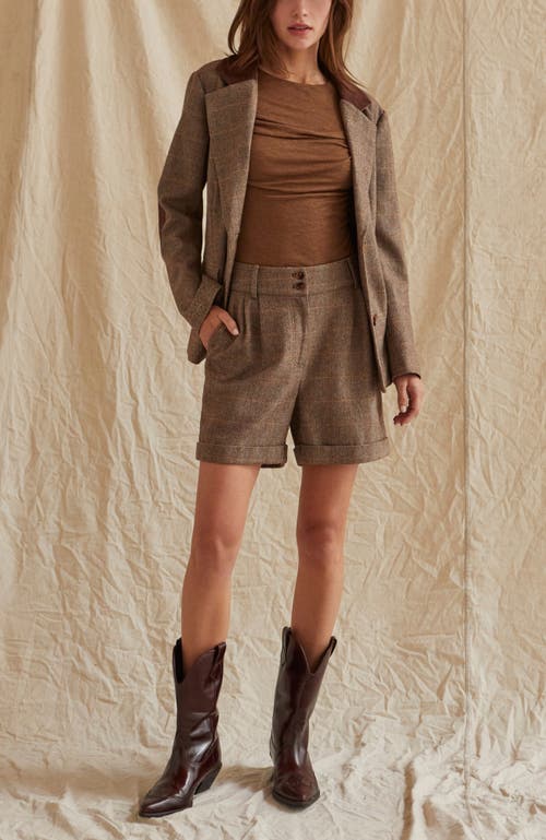 Crescent Herringbone Contrast Faux Suede Blazer In Brown