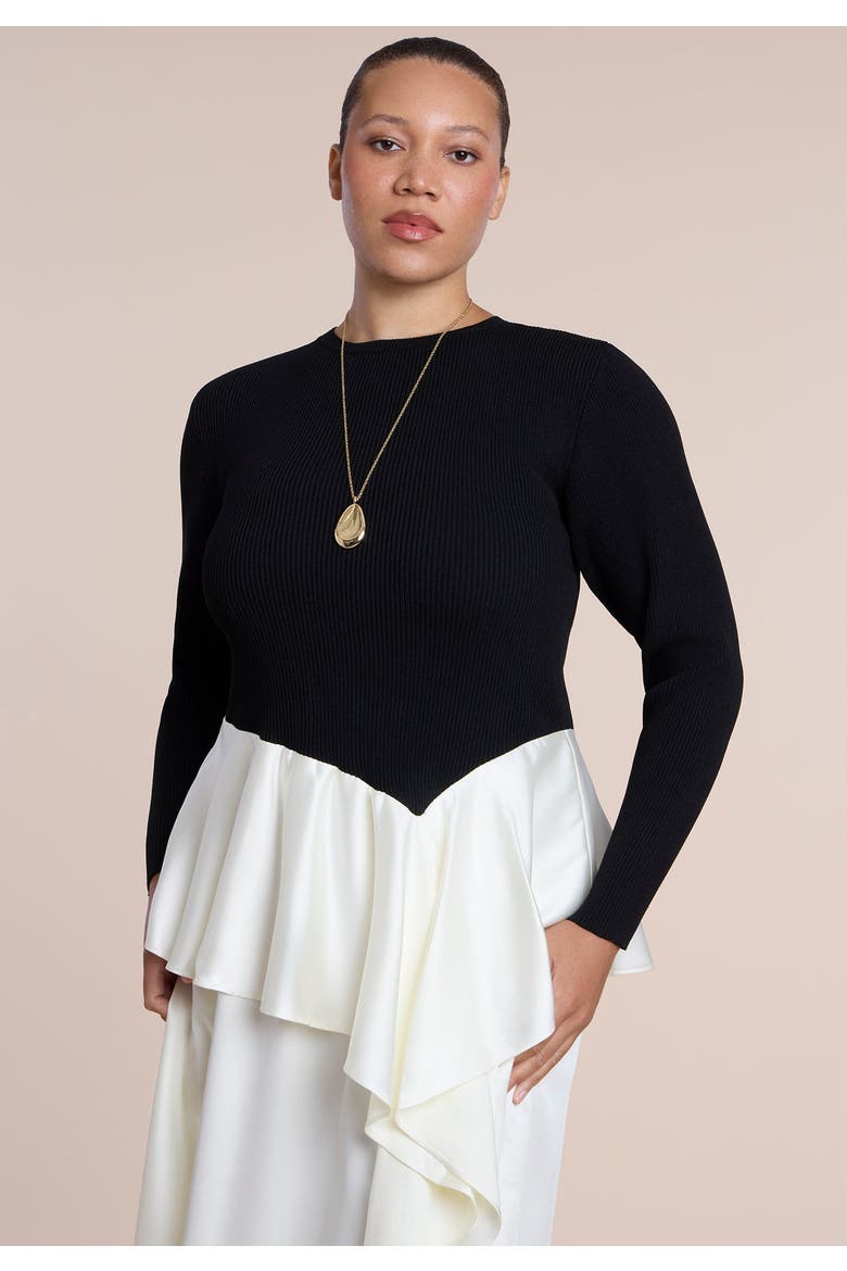 Mixed Media Peplum Detail Maxi Dress, Alternate, color, BLACK AND CREAM