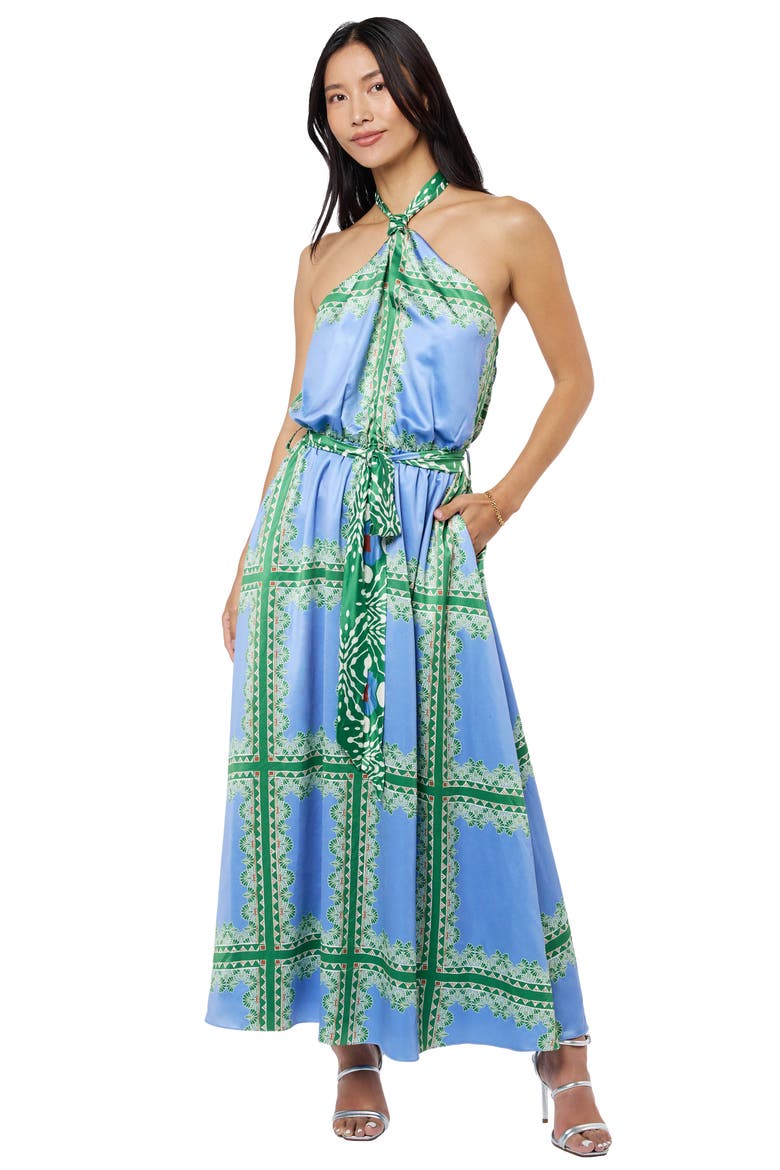 Leche Scarf Print Halter Neck Satin Maxi Dress, Alternate, color, BLUE MULTI