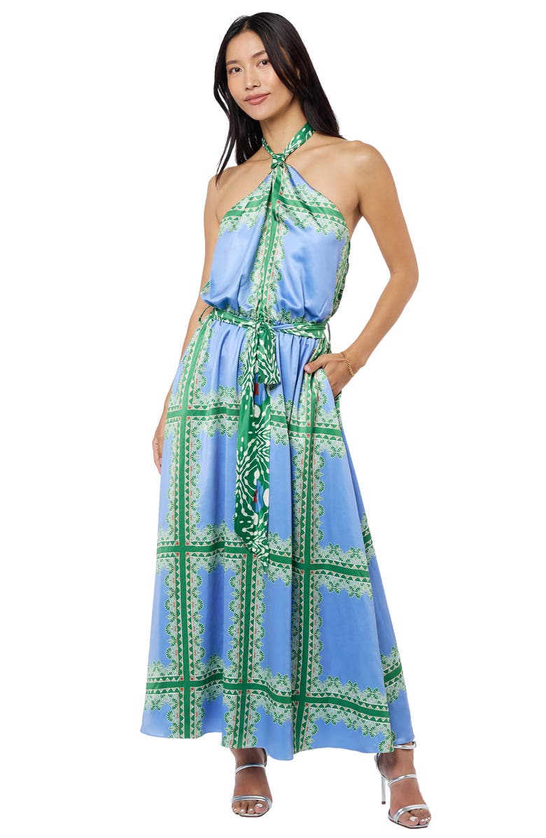 CIEBON Leche Scarf Print Halter Neck Satin Maxi Dress, Alternate, color, Blue Multi