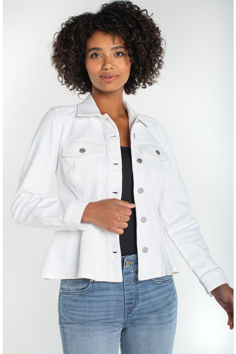 Fit & Flare Denim Trucker Jacket, Alternate, color, BRIGHT WHITE