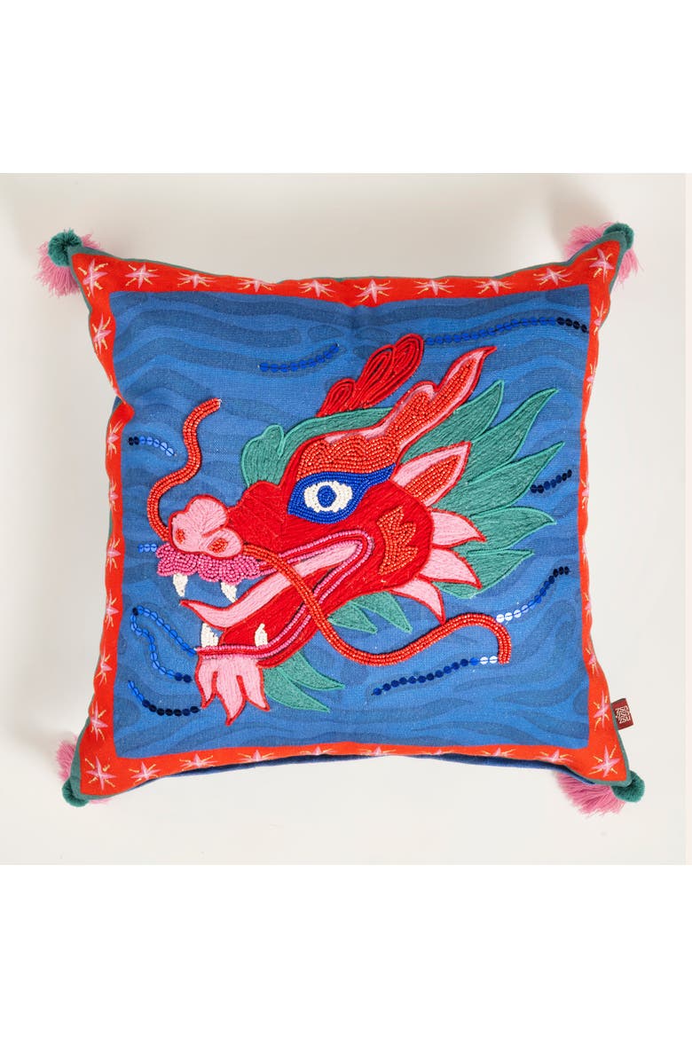 Ghuni Tasseled Embroidered 100% Cotton Home Accent Dragon, Main, color, Blue