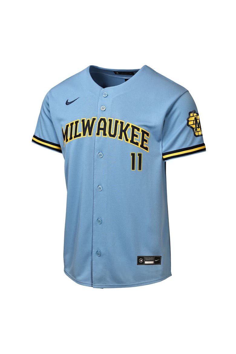 Youth Nike Jackson Chourio Powder Blue Milwaukee Brewers Road Stadium Jersey, Alternate, color, Powder Blue