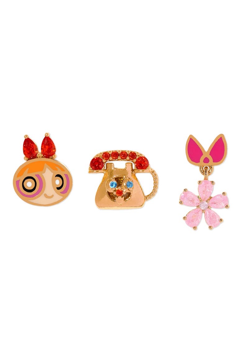 The Powerpuff Girls Blossom Set of 3 Single Stud Earrings, Main, color, GOLD
