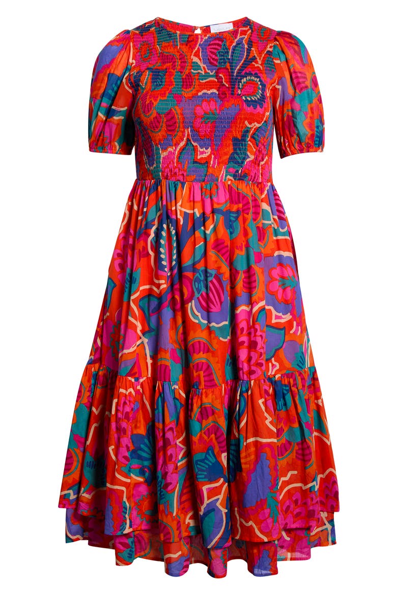 Kahlia Tropics Aruba Smocked Midi Dress, Alternate, color, RED-MULTI