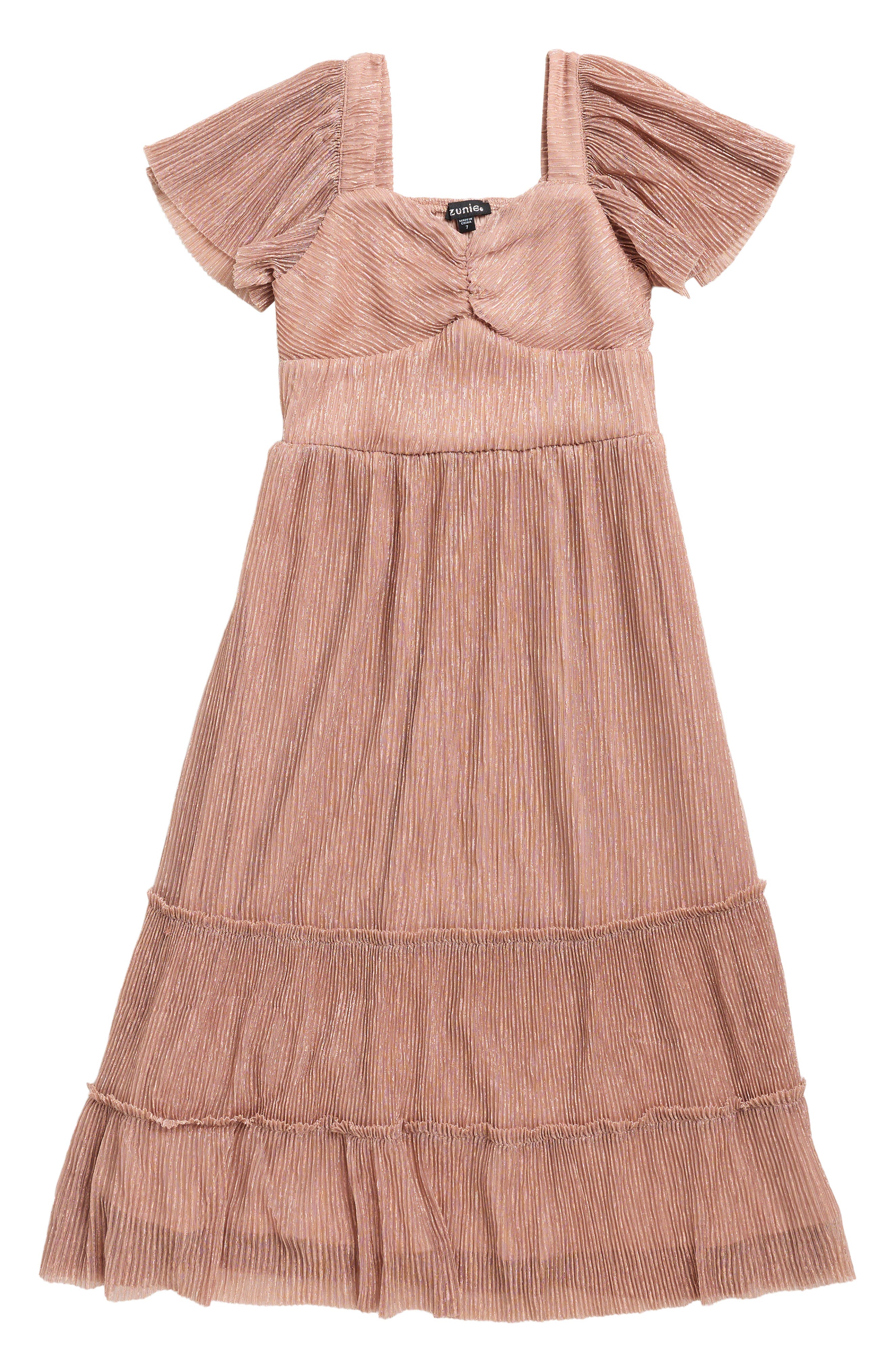 Kids' Metallic Tiered Plissé Maxi Party Dress