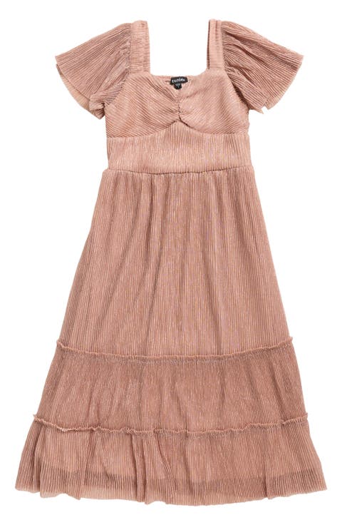 Kids' Metallic Tiered Plissé Maxi Party Dress