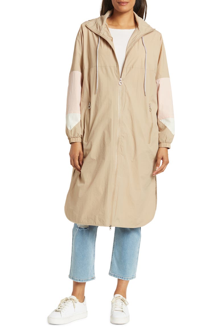 Philomena Water-Resistant Windbreaker Long Jacket, Main, color, SAND