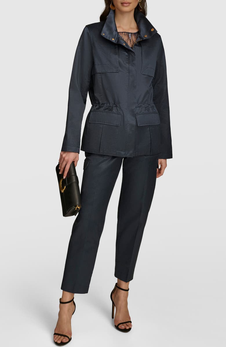 Donna Karan New York Short Cotton Blend Satin Trench Coat, Alternate, color, 