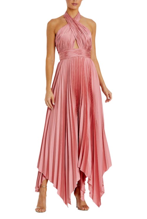 Mac Duggal Pleated Halter Neck Asymmetrical Hem Gown In Rose Pink
