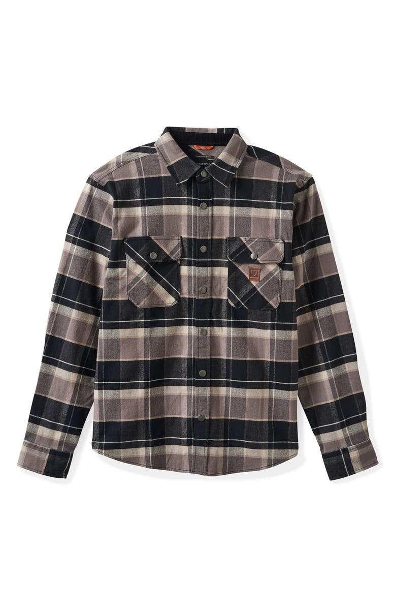 Brixton Builder's Bowery Standard Fit Plaid Flannel Water Repellent Snap-Up Shirt, Alternate, color, Black/ Charcoal/ Beige