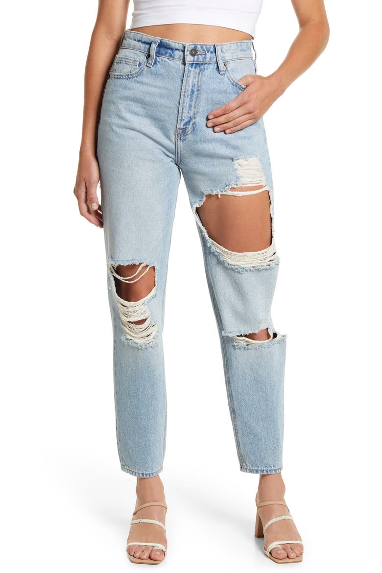 Distressed Tapered Mom Jeans, Main, color, MEDIUM WASH