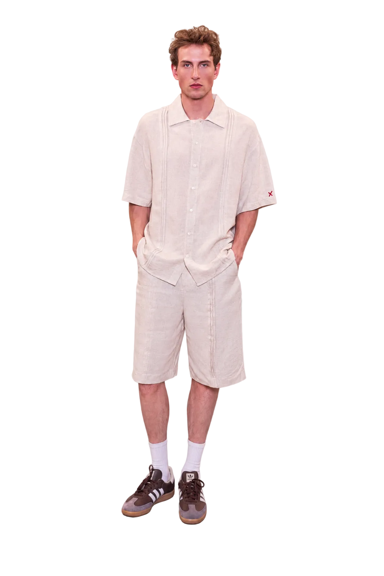 Daydreamers Linen Look Stitch Detail Shorts, Alternate, color, Beige
