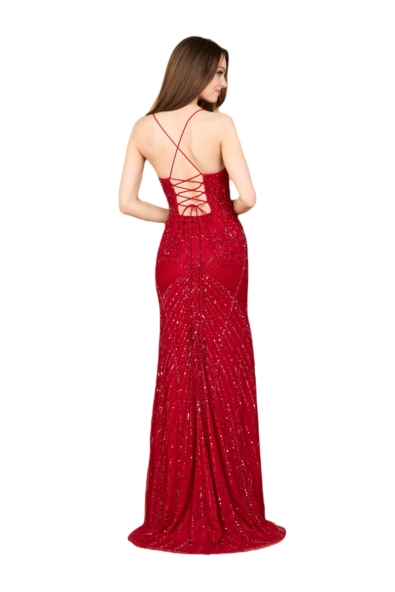 Lace Up Open Back Beaded Dress, Alternate, color, Red