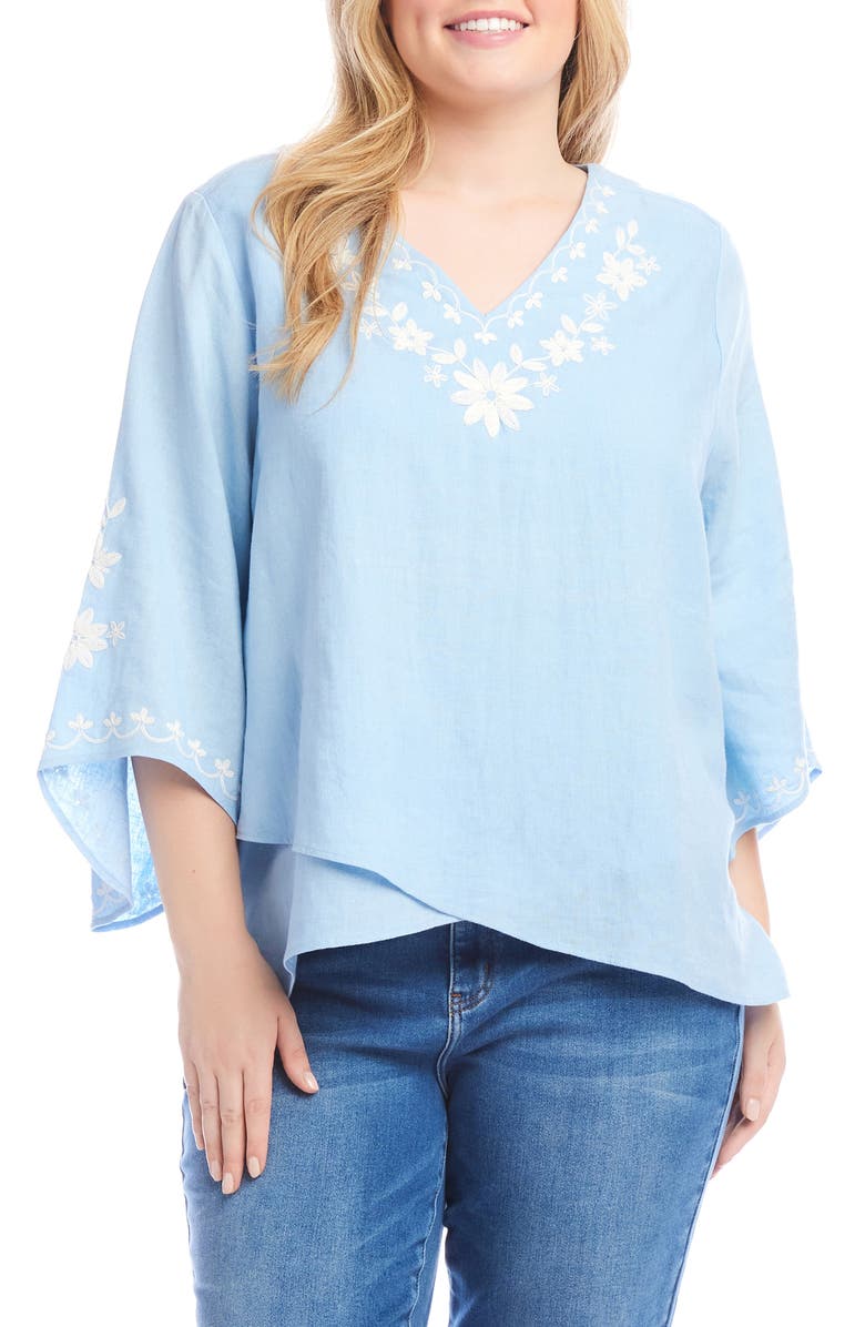 Karen Kane Floral Embroidered Asymmetric Hem Linen Blend Top, Main, color,