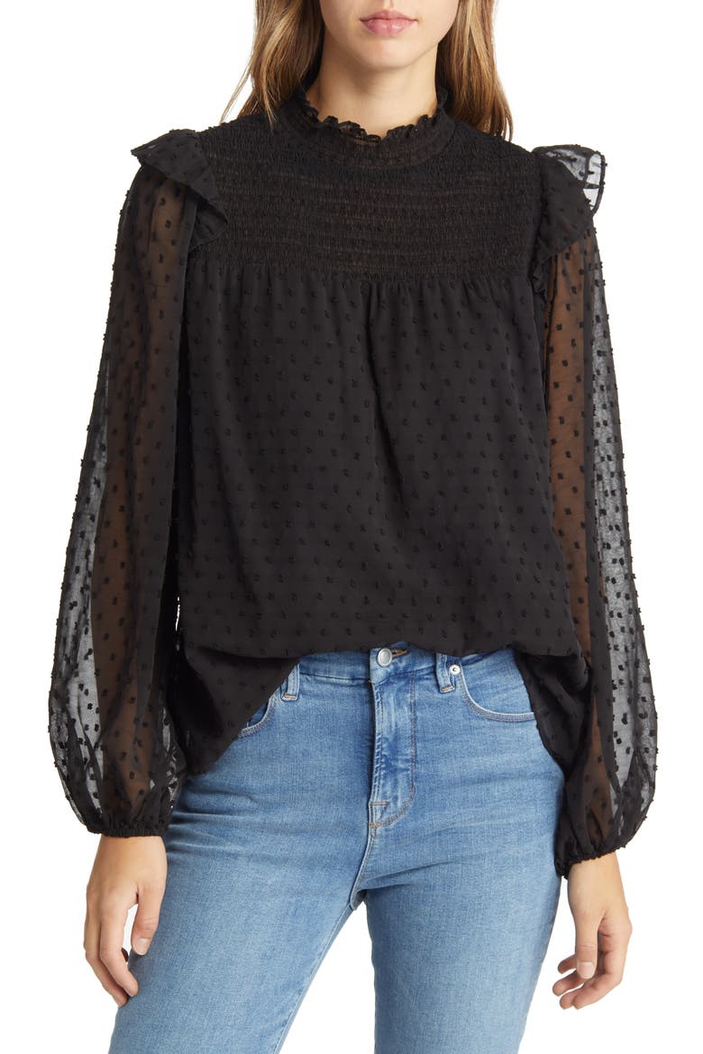 Yannis Smocked Clip Dot Blouse, Main, color, BLACK