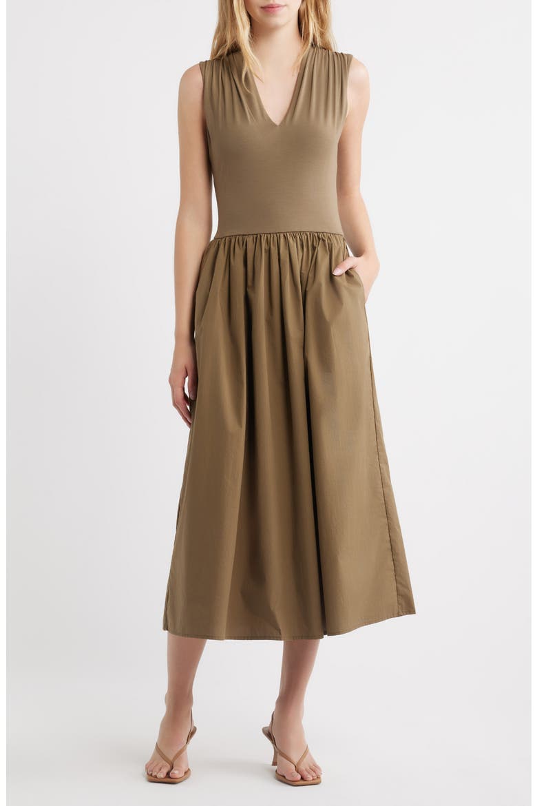 Winnie Mixed Media Midi Dress, Main, color, WASHED OLIVE