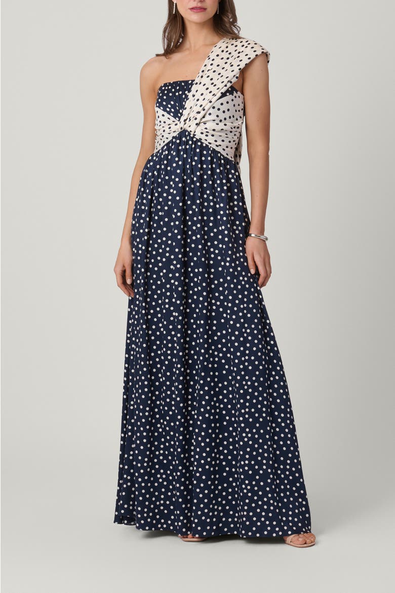 Polka Dot Satin Blakely Dress, Main, color, Ivory/Indigo