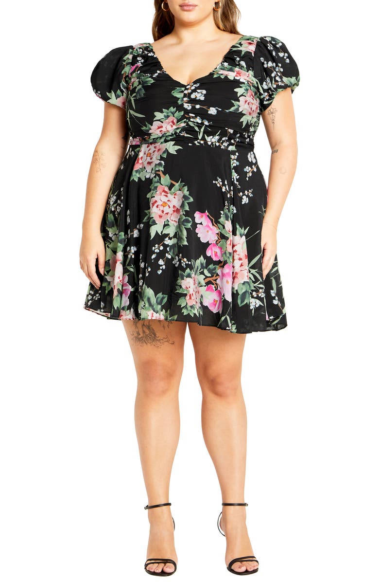 City Chic Marci Pleated Bodice Floral Print Tie Back Dress, Main, color, Black Sweet Blossom