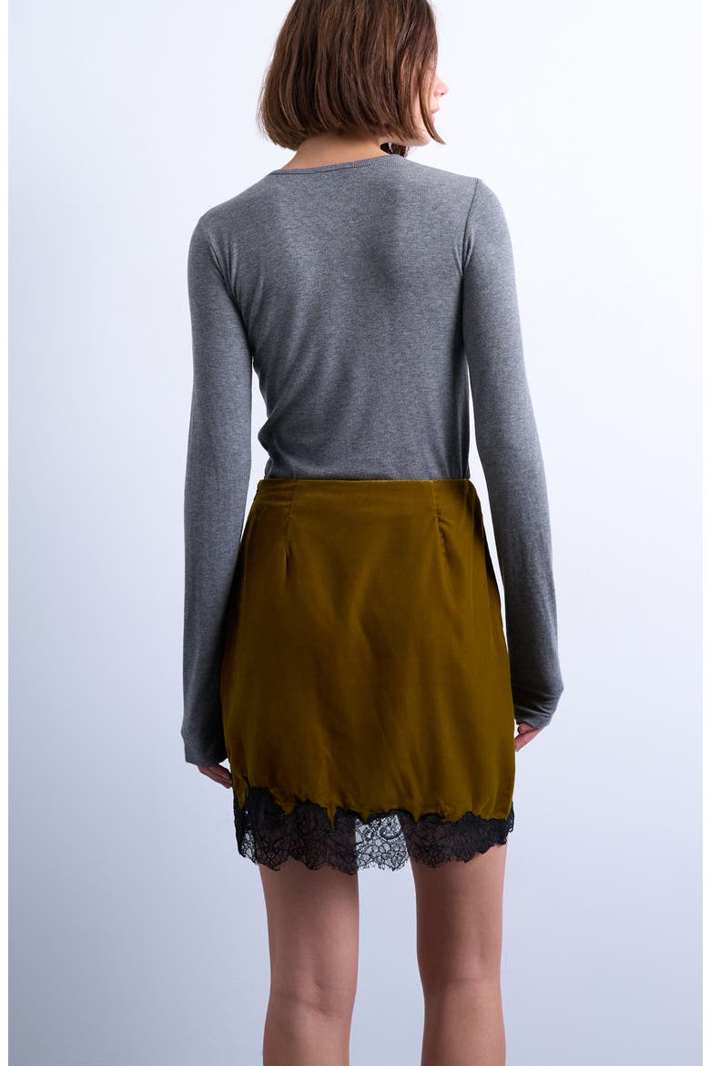 Velvet Lace Trim Miniskirt, Alternate, color, KHAKI GREEN
