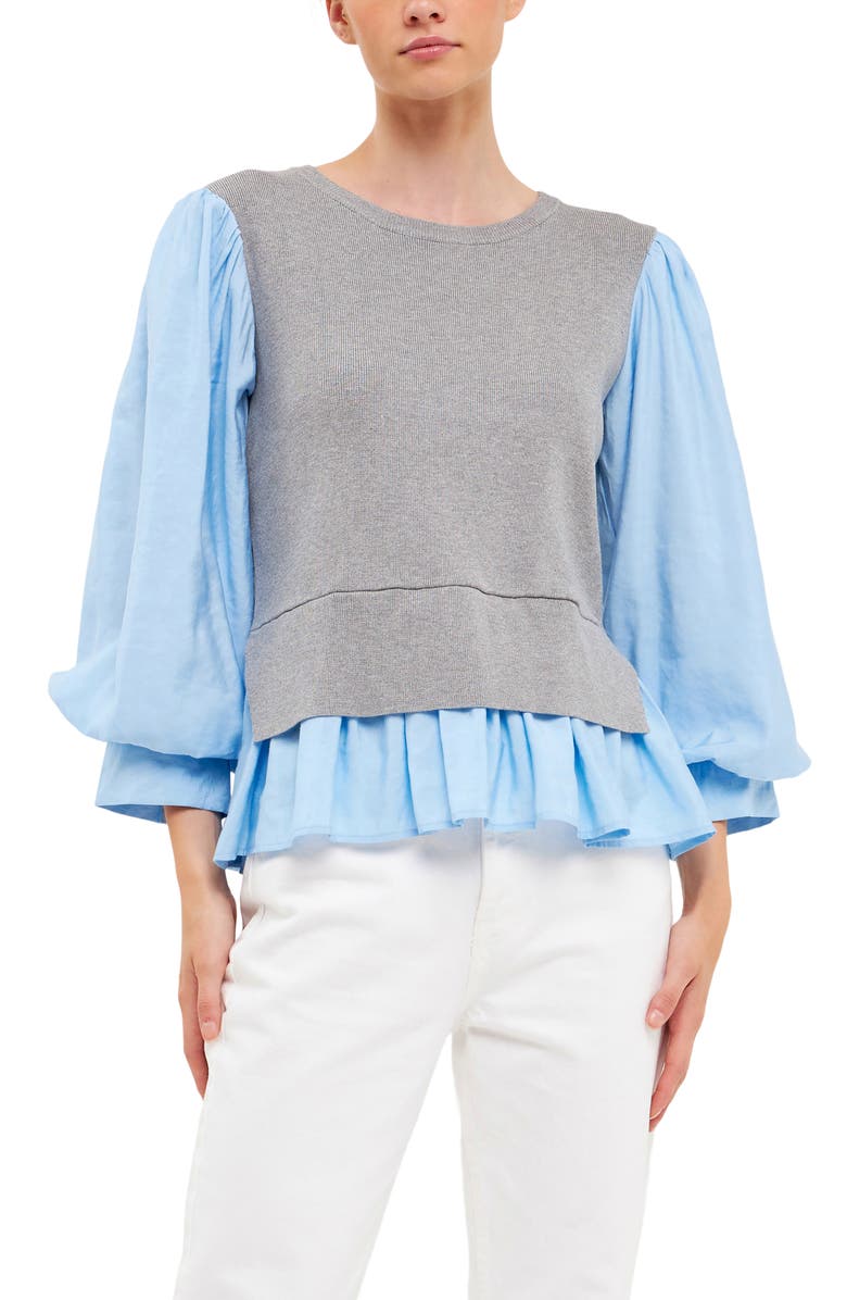 English Factory Layered Mixed Media Top, Alternate, color, Heather Grey/Blue