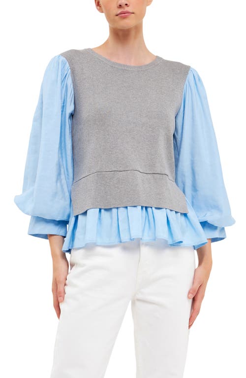 English Factory Layered Mixed Media Top In Heather Grey/blue