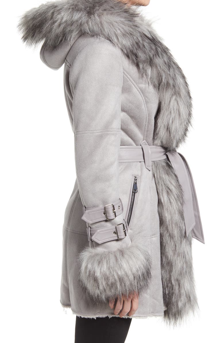 AZALEA WANG Belted Trench Coat with Faux Fur Trim, Alternate, color,