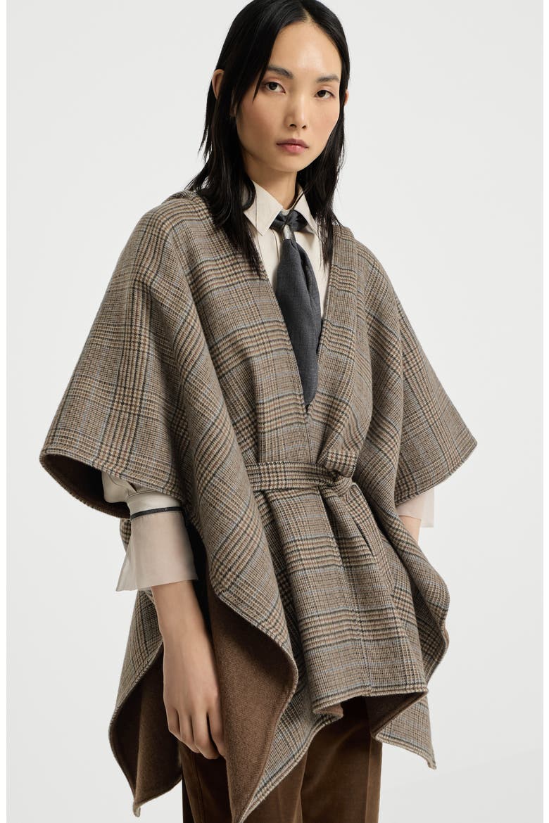 Hand-crafted reversible hooded poncho in cashmere Prince of Wales double cloth, Alternate, color, Brown