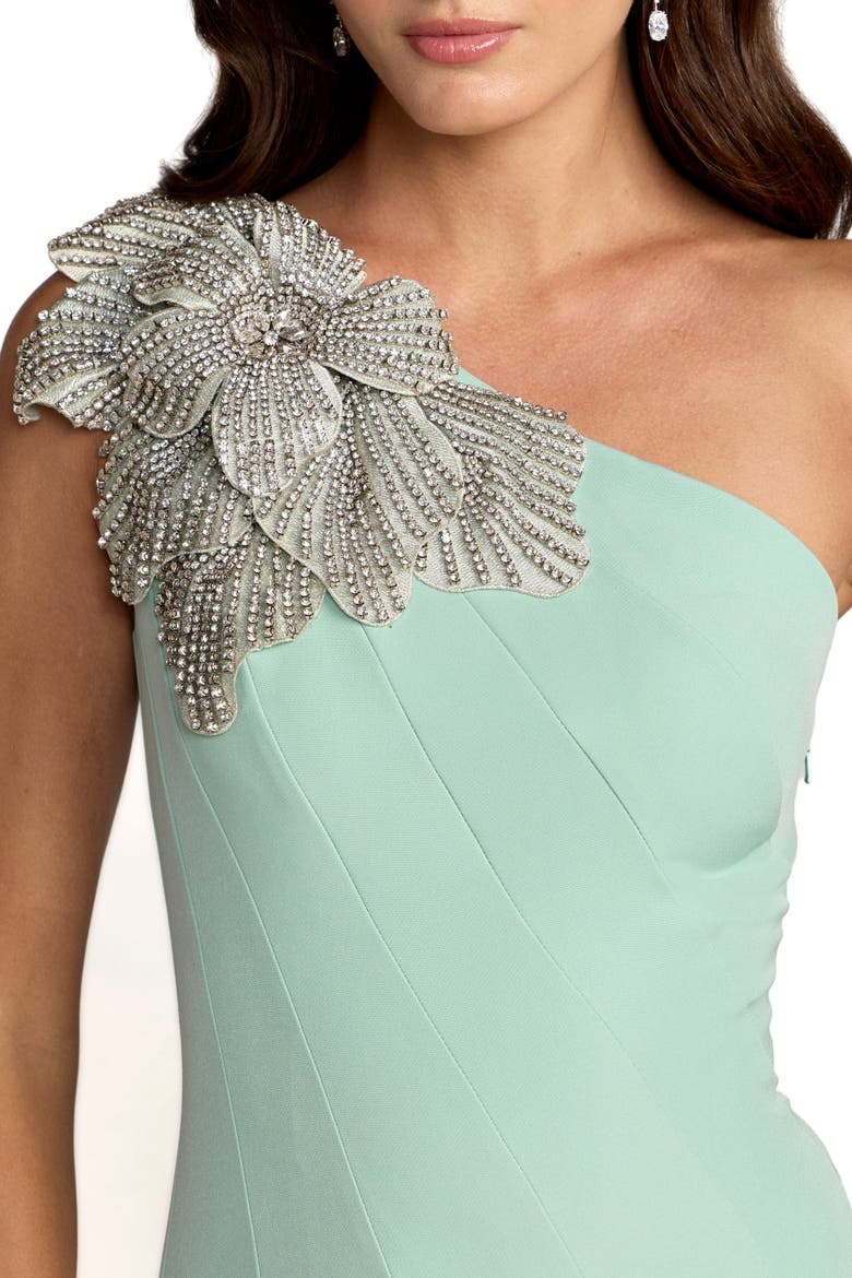 One-Shoulder Crepe Midi Dress with Floral Appliqué, Alternate, color, Sage