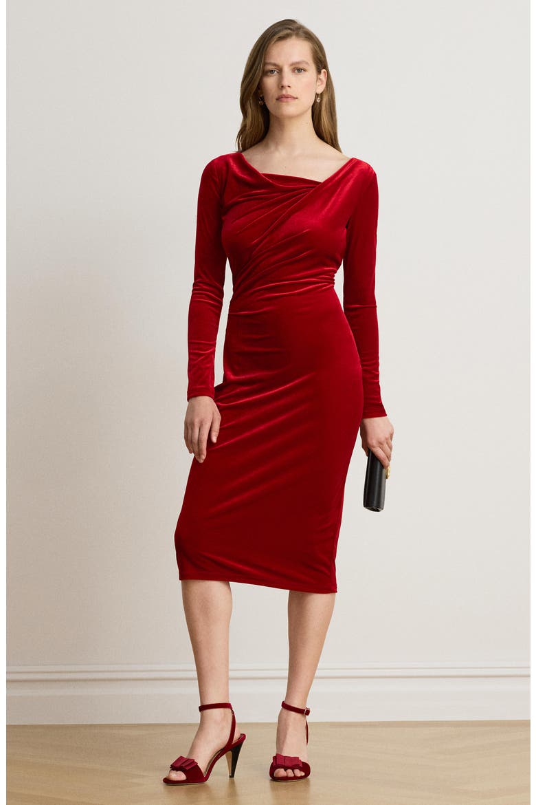 Draped Neck Long Sleeve Velvet Sheath Dress, Alternate, color, RED VELVET
