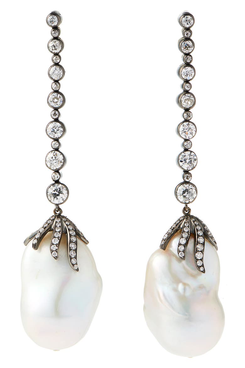 Freshwater Pearl & Diamond Claw Drop Earrings, Main, color, 18K DARK RHODIUM