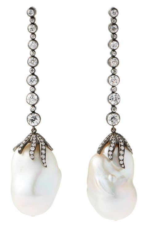 Freshwater Pearl & Diamond Claw Drop Earrings
