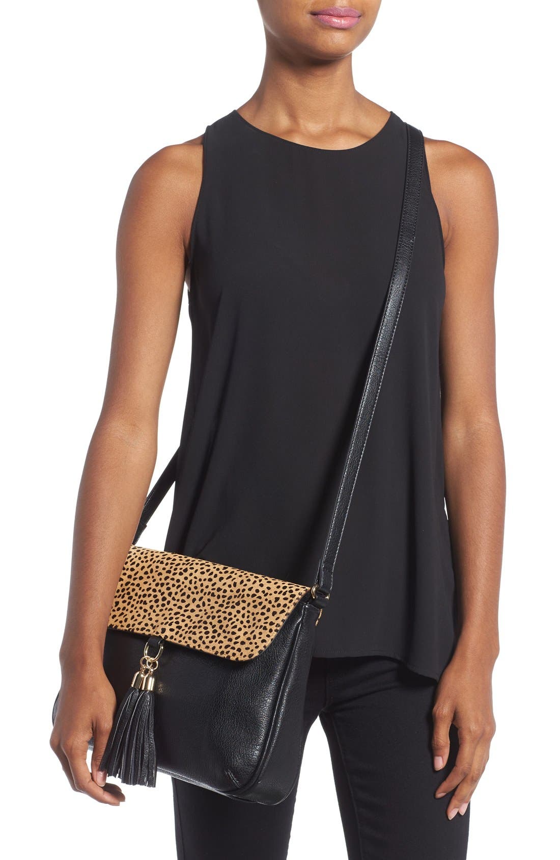 'Noble' Faux Leather & Genuine Calf Hair Shoulder/Crossbody Bag, Alternate, color, LEOPARD