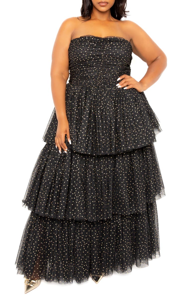 BUXOM COUTURE Metallic Polka Dot Strapless Tiered Tulle Dress, Main, color, Black